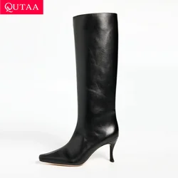 QUTAA 2024  Genuine Leather Pointed Toe Women Knee High Heels Boots Woman Autumn Winter Shoes New Lady Long Boots Size 34-43