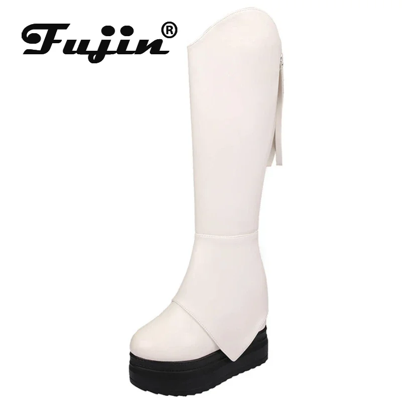 Fujin 11cm PU Microfiber Leather Women Knee High Booties Platform Wedge Ankle Boots Autumn Hidden Heels Spring Fashion New Shoes