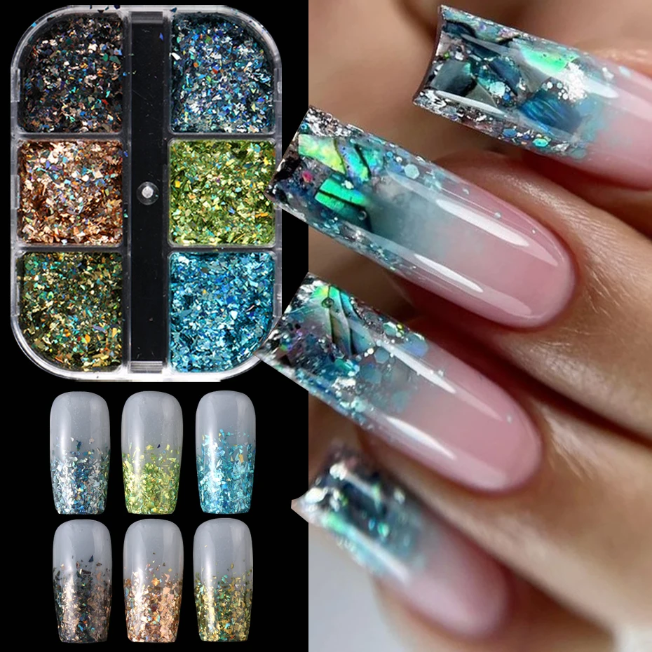 6 Grids Iridescent Laser Rainbow Nail Sequins Holographic Shiny Crystal Mermaid Charms for Nails Y2K Nail Flakes Manicure Decor