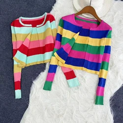 Rainbow Knitted Cardigan Women Summer Thin Sunscreen Lace-Up Knitwear Tops Female Korean Style Long Sleeve Short Coat