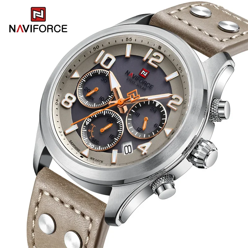 

NAVIFORCE Роскошные мужские часы с механизмом Eco-Drive, повседневный ремешок из натуральной кожи, 5 атм, водонепроницаемые светящиеся наручные часы, подарок 2025