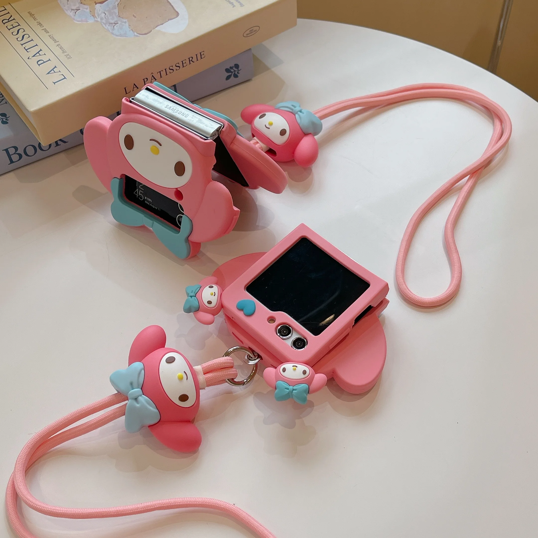 Cute Stereoscopic My Melody with Lanyard Phone Case for Samsung Galaxy Z Flip 3 4 5 5G PC Hard Silicone Anti-drop Back Cover