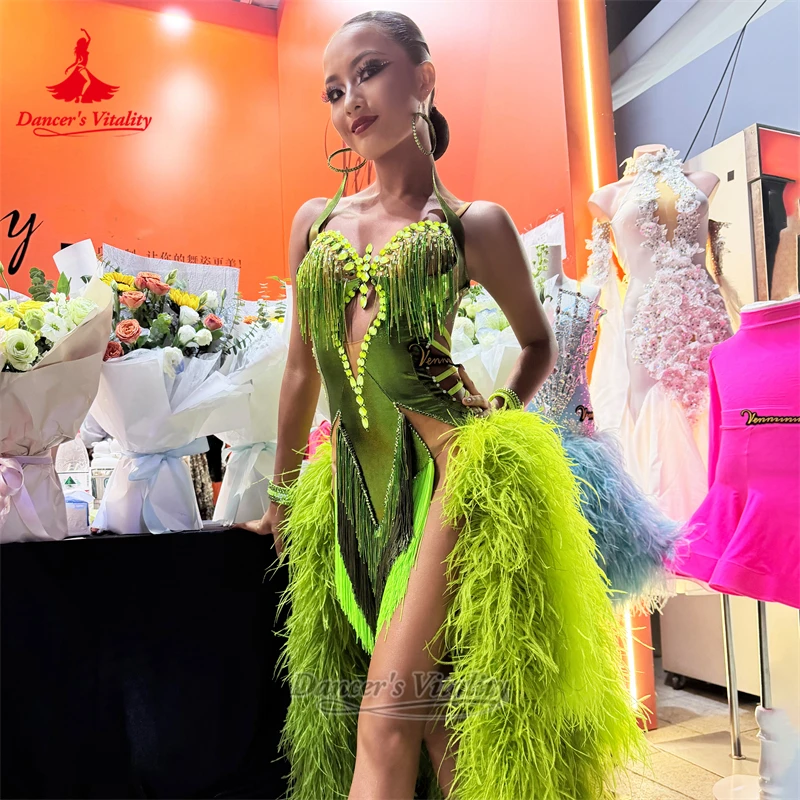 Women Adult Latin Dance Feather Style Dress Size Can Be Customize Child Samba Chacha Fluorescent Green Clothes Dancer's Vitality