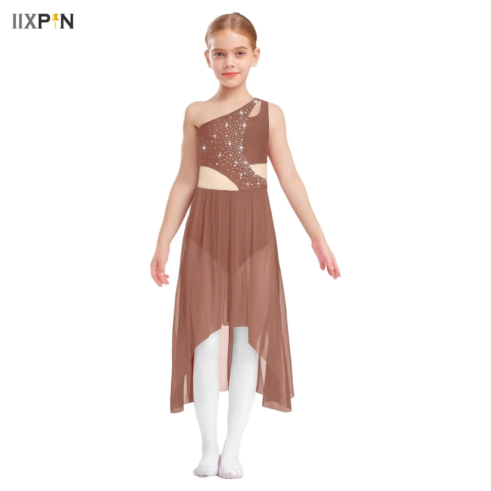 

Girls Shiny Ballet Dance Dress Rhinestones Figure Skating Performance Costume Sleeveless One Shoulder Lyrical Dance Dress