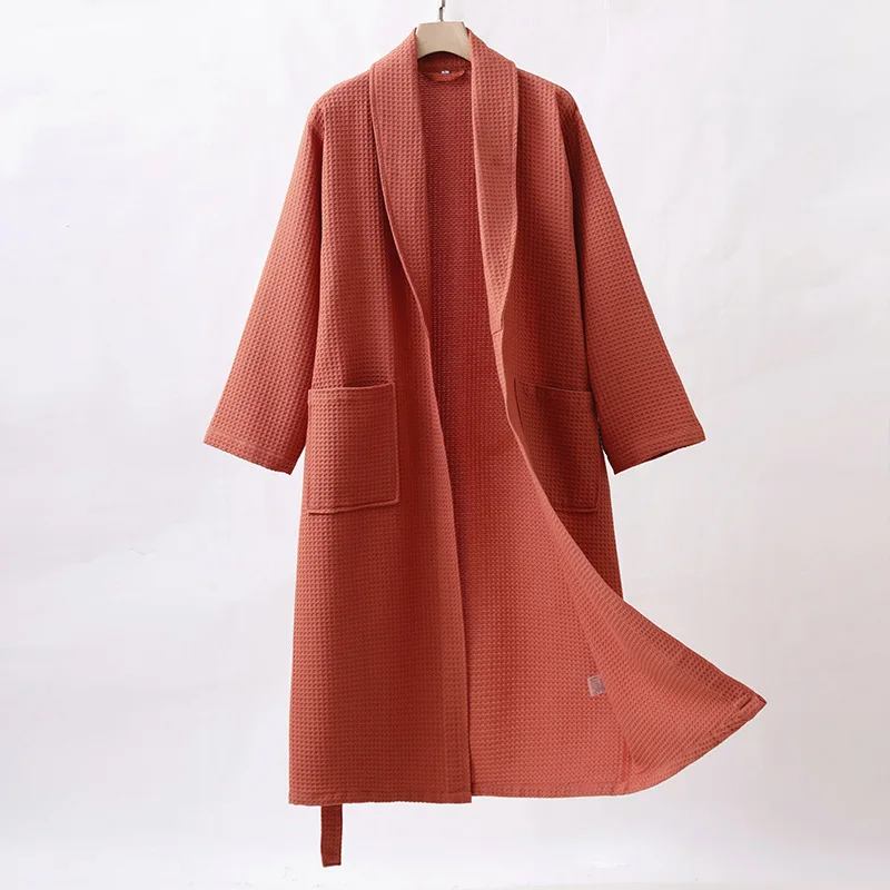 Unisex Waffle Weave Bathrobe Shawl Collar Wrap Belted Robe with Pockets Absorbent Loungewear Bathrobes for Hotel Homewear