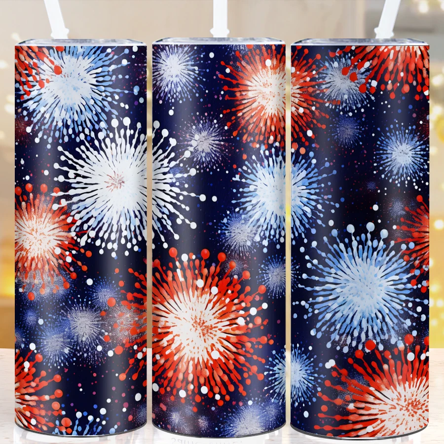 20oz Stainless Straight Tumblers Straw Lid Large Capacity 3D Firework Festive Party Portable Coffee Mugs Christmas Insulated Cup