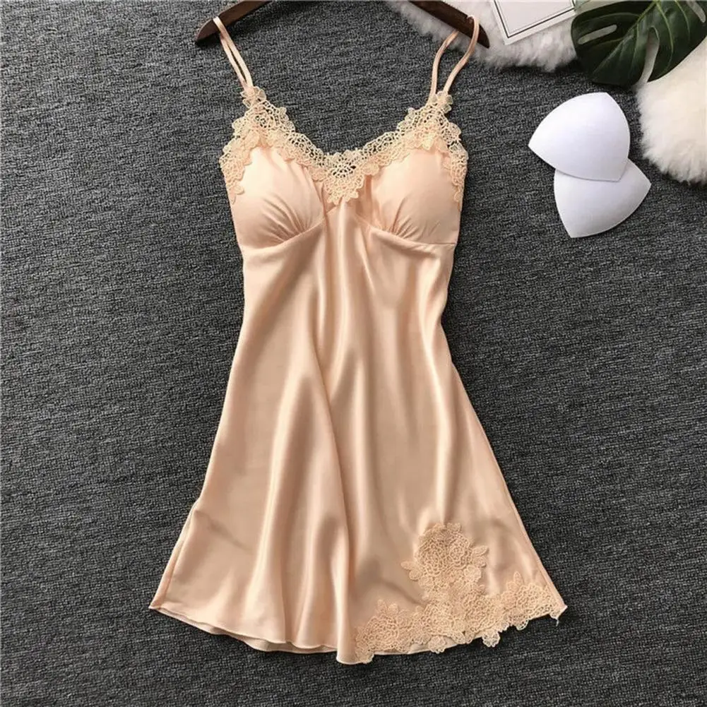 Suspenders Nightgown Elegant Lace Patchwork Satin Nightdress for Women V Neck Backless Sleepwear Dress with Detachable Pads Soft