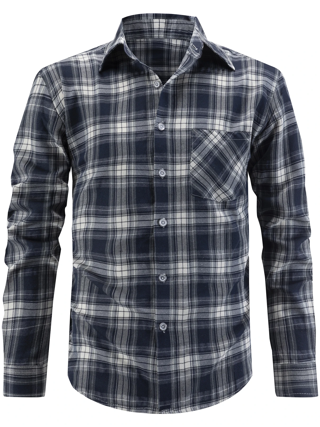 Chemise en coton à manches longues à carreaux bleu marine pour homme, coupe décontractée, boutonnée, avec poche diagonale sur la poitrine, à porter seul ou en superposition