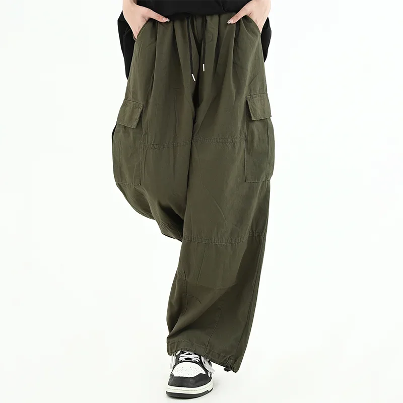 100% Cotton Men Cargo Pants Japanese Hip Hop Vintage Wide Leg Straight Regulate Trouser Leg Big Pocket Y2K Drawstring Bloomers