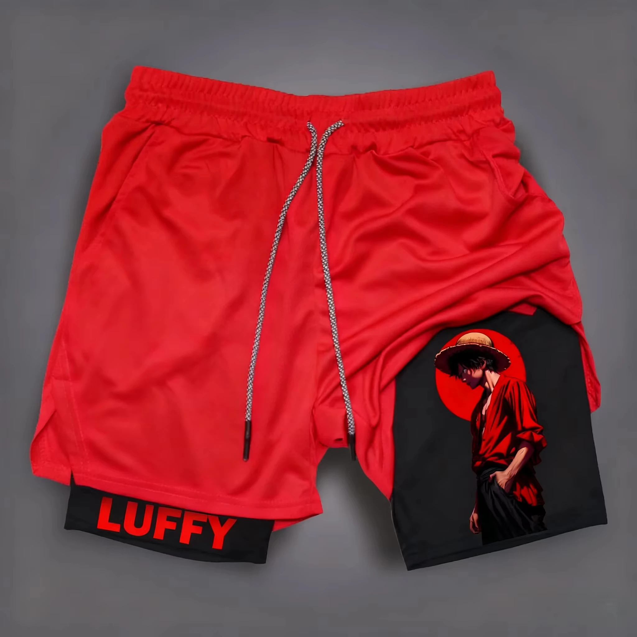 Shorts esportivos em camadas estilo anime One Piece adequados para treinamento e fitness para unissex de secagem rápida e confortável
