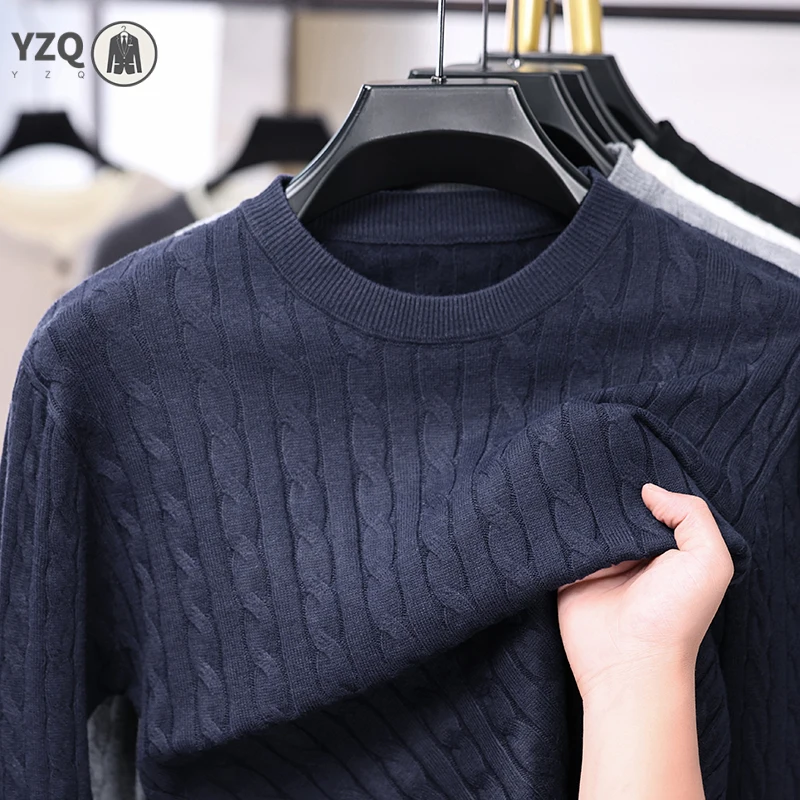 Male Warm Knitted Pullover Round Neck Twisted Weave Pattern Lightweight Fabric Long Sleeve Tops For Daily And Social Wear