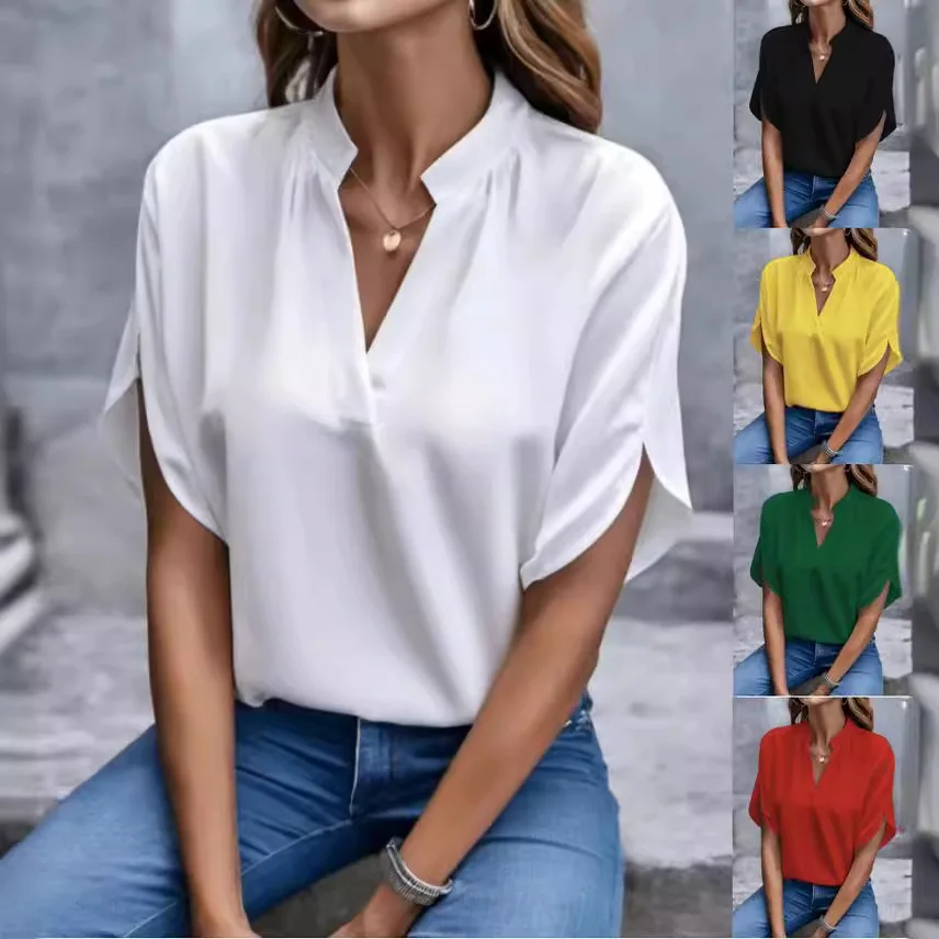 Women Elegant Solid Chiffon Blouse Spring Summer Casual Long Sleeve V Neck Yellow Office Lady White Shirt Tunics Basic Tops New