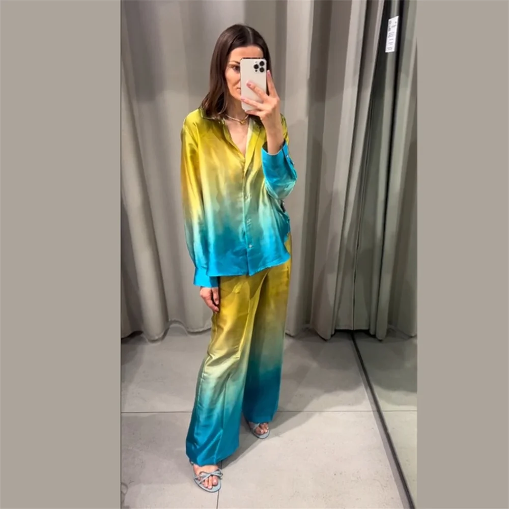 PB&ZA 2024 Summer New Women\'s Fashion and Casual Versatile Silk Satin Texture Tie Dyed Shirt Straight Leg Pants Set