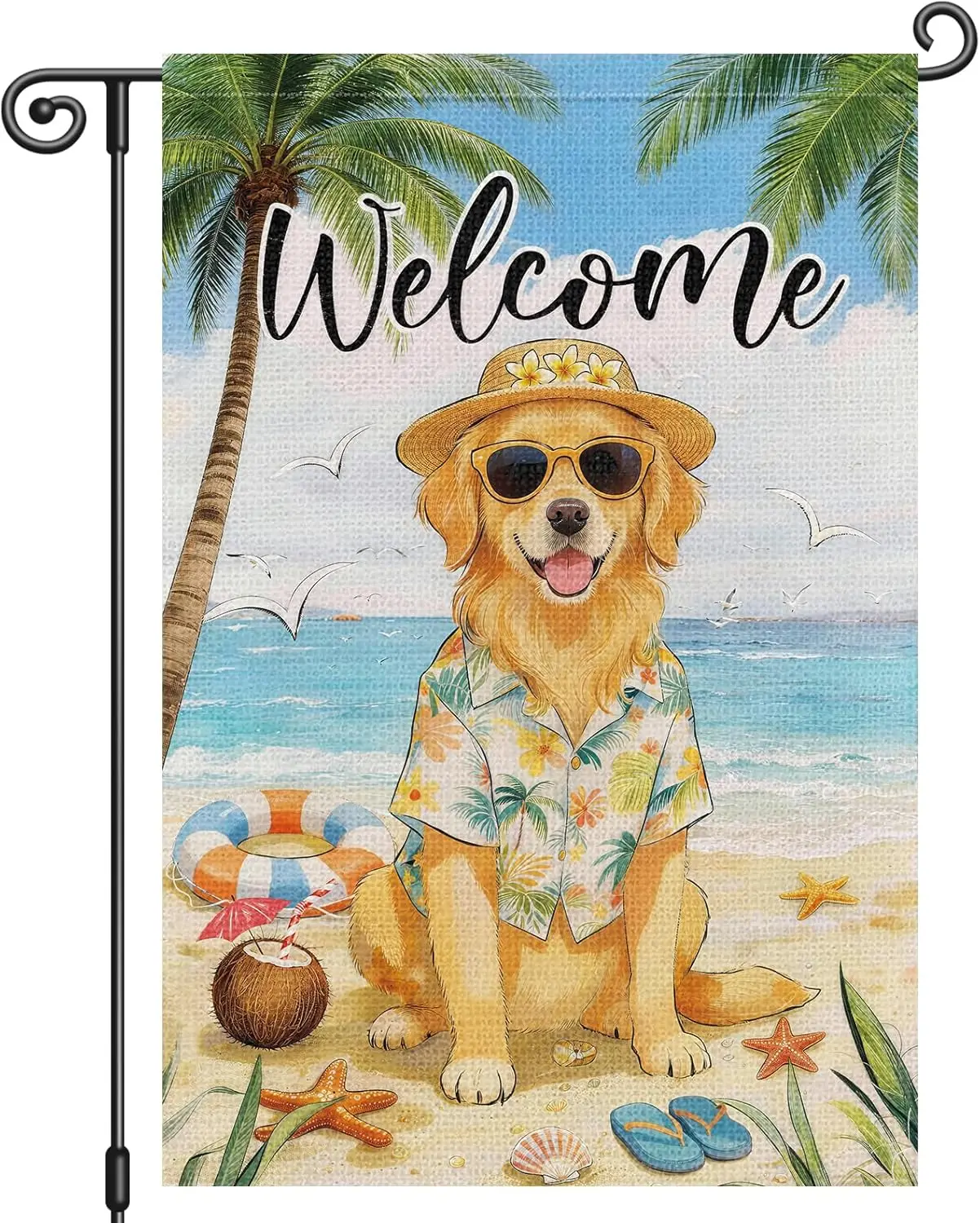 Bandera de jardín de bienvenida de verano Louise Maelys de 12x18 pulgadas, bandera de patio con perro Golden Retriever de playa, bandera tropical para exteriores de doble cara con cachorro YYQ