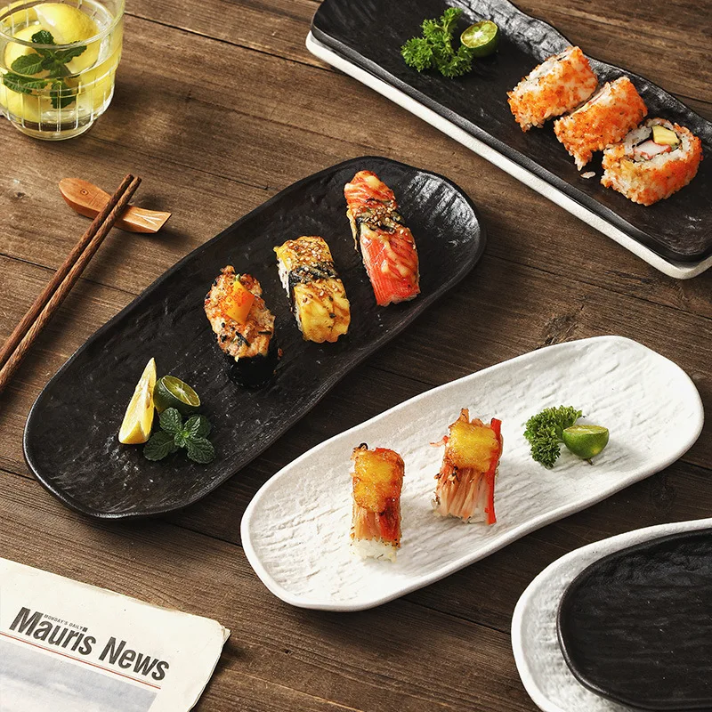 Creative Ceramic Sushi Plate Rectangular Rock Style Seafood Platter Dessert Tray Restaurant Quality Long Strip Design Home Use