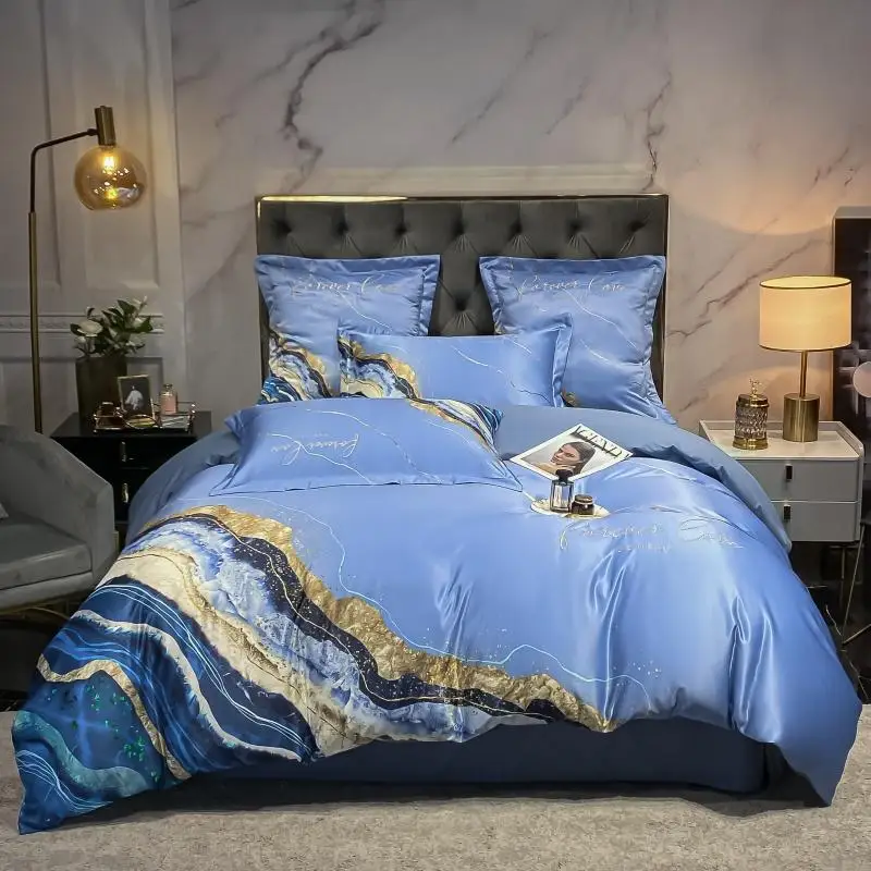 Ocean Blue Satin Cotton Duvet Cover Bed Sheet Pillowcases 4pcs Luxury Embroidery Home Textile Bedding Set King Queen Size