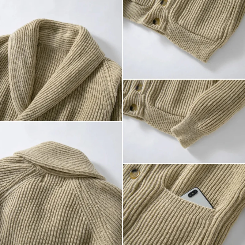 Hochwertige Herren-Rippstrickjacke im Retro-Stil, lässig, locker geschnitten, mit Knöpfen, Herbst-Winter-Oberbekleidung, Vintage-Streetwear-Oberteil – Detail 5
