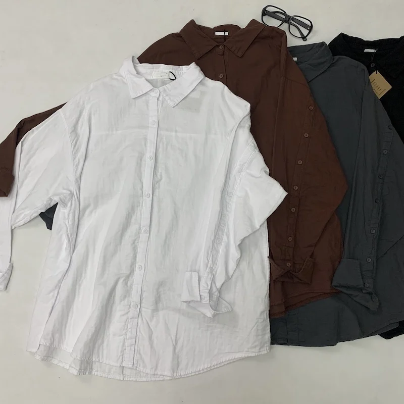 Camisas soltas de algodão para mulheres, tops de mangas compridas, gola virada para baixo, monocromáticas, casuais, outwear feminino, casacos