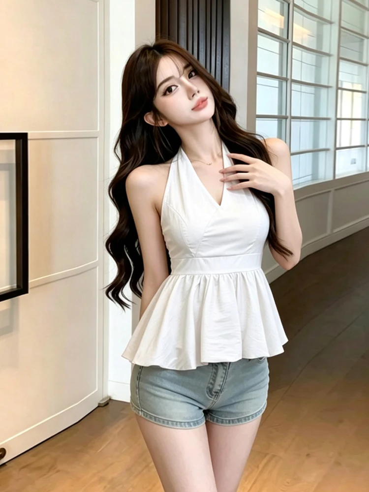 Sexy Lace-Up Backless V-Neck Sleeveless Floral Print Wrap Tank Top Women's Casual Wear Summer Thin Folded Bustier Top