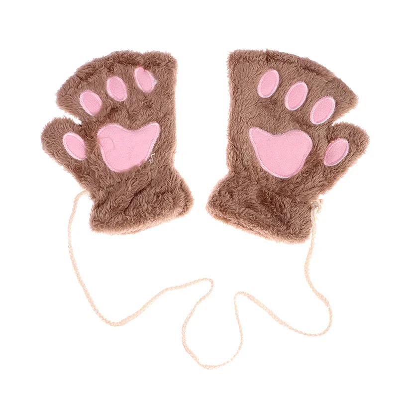 Cartoon Cute Cat Claw Paw Gloves Women Plush Mittens Warm Soft Plush Short Fingerless Fluffy Bear Cat Gloves Costume Half Finger