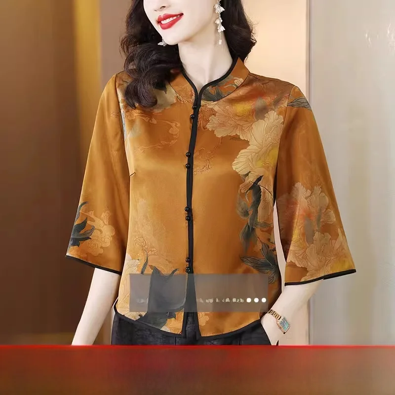 

Шелковый свободный женский костюм с китайским принтом, весна-лето, Новое поступление, тяжелый костюм из ткани Xiangyun для мамы Тан