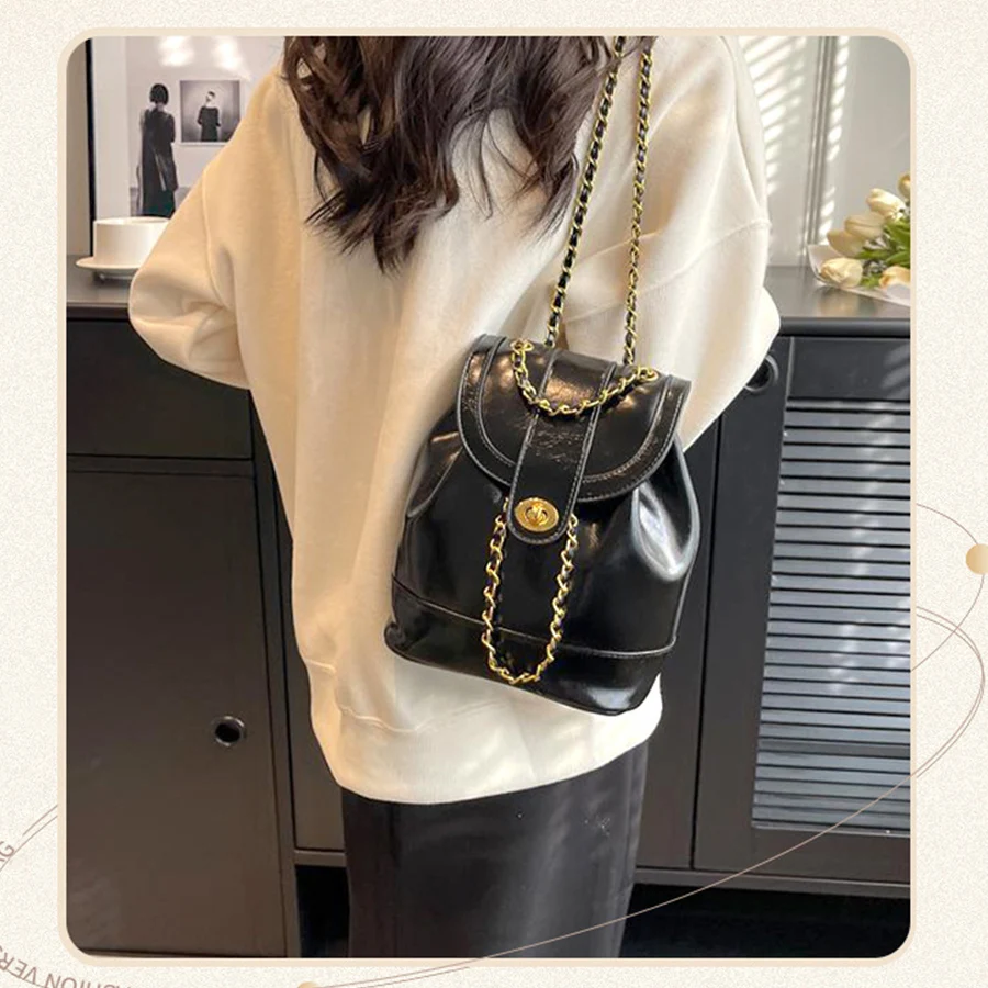 Women autumn winter mini chains backpack female ins student oil wax leather shoulder bag travel bagpack black rucksack Mochila