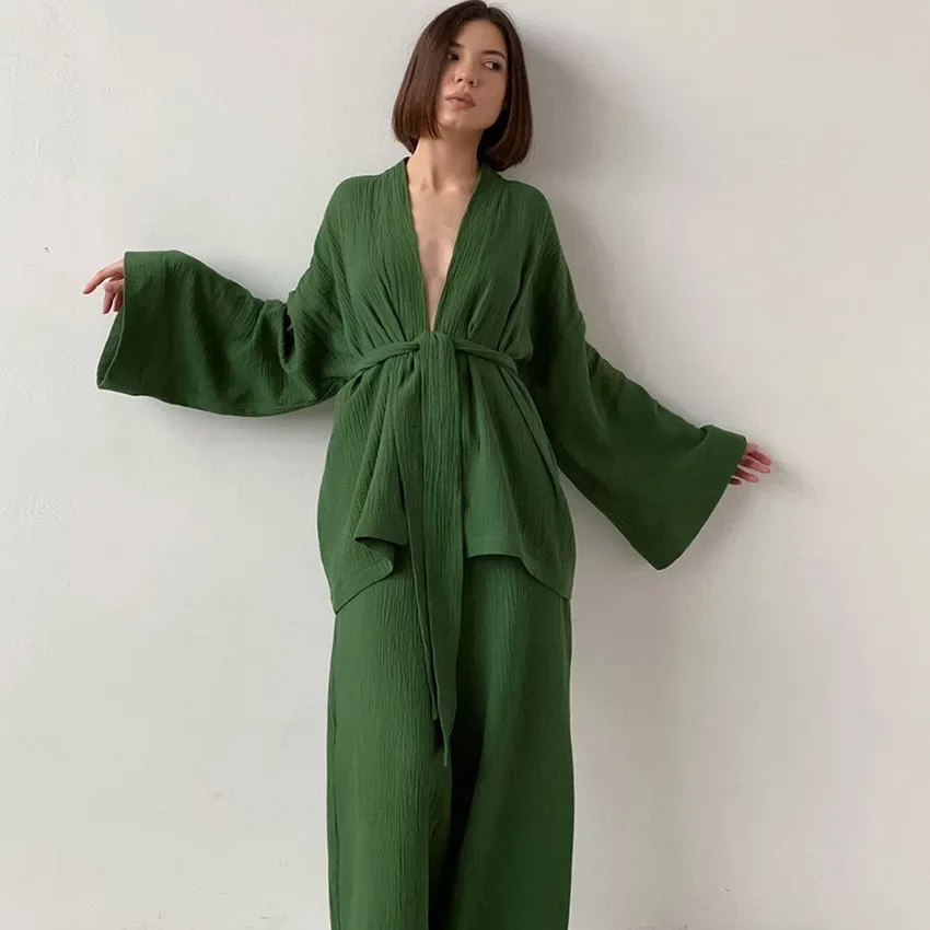 Spring/Summer French Loose Pajama Set with Double Layer Gauze Women's Pajamas Solid Color Pure Cotton Women's Pajama Sets