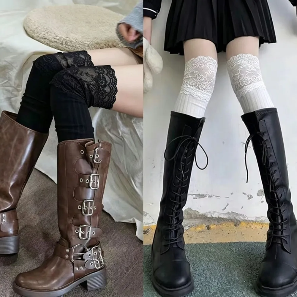 Warm Lace Design Thigh High Socks Knee High Warm Material Long Leg Socks Black White Pairs Boot Accessories for Girls