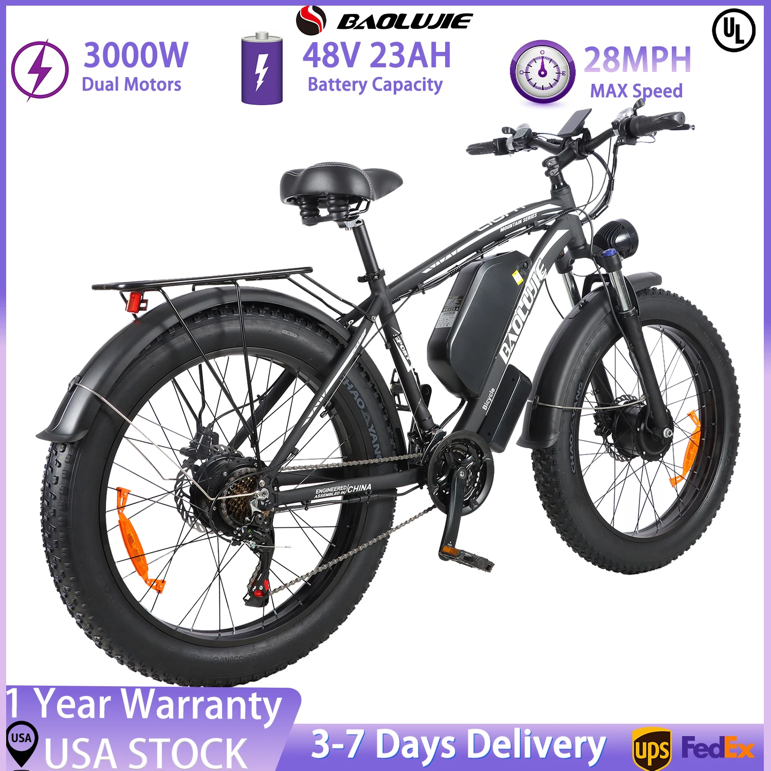 【1 Year Warranty】BAOLUJIE 2602 Adult E-Bike ebike with 3000W Two Motors, 48V 23AH Battery,26 Inch Wide Tyre Electric Bike UL2849