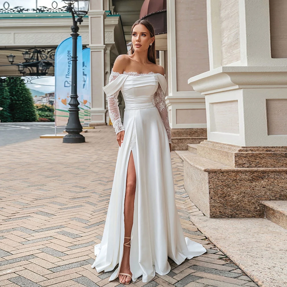 

Elegant Boat Neck Wedding Dresses with Lace Full Sleeve Off Shoulder Bridal Gowns for Women 2024 Side Slit Vestidos De Novia New