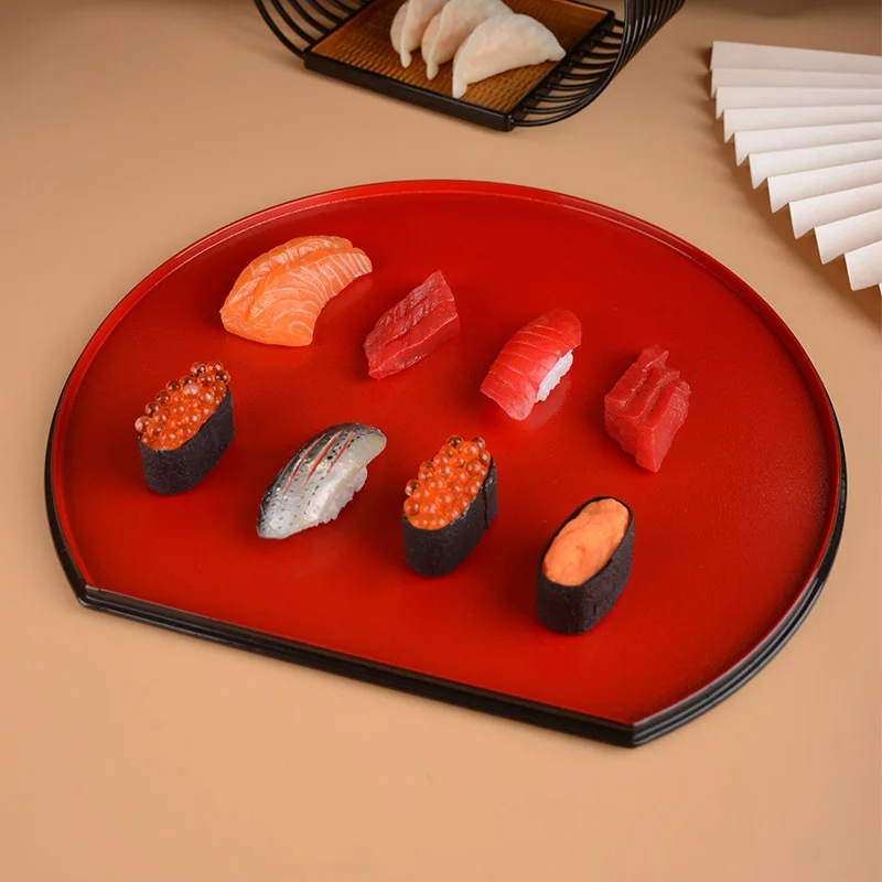 

Melamine tray catering network red high appearance level Japanese tray delicate red edge half moon sushi plate commercial