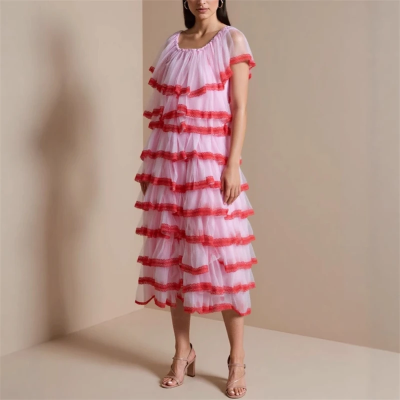 Mulheres cor rosa listrado camadas malha elegante vestido de luxo chique novo em torno do pescoço sem mangas moda maré primavera verão