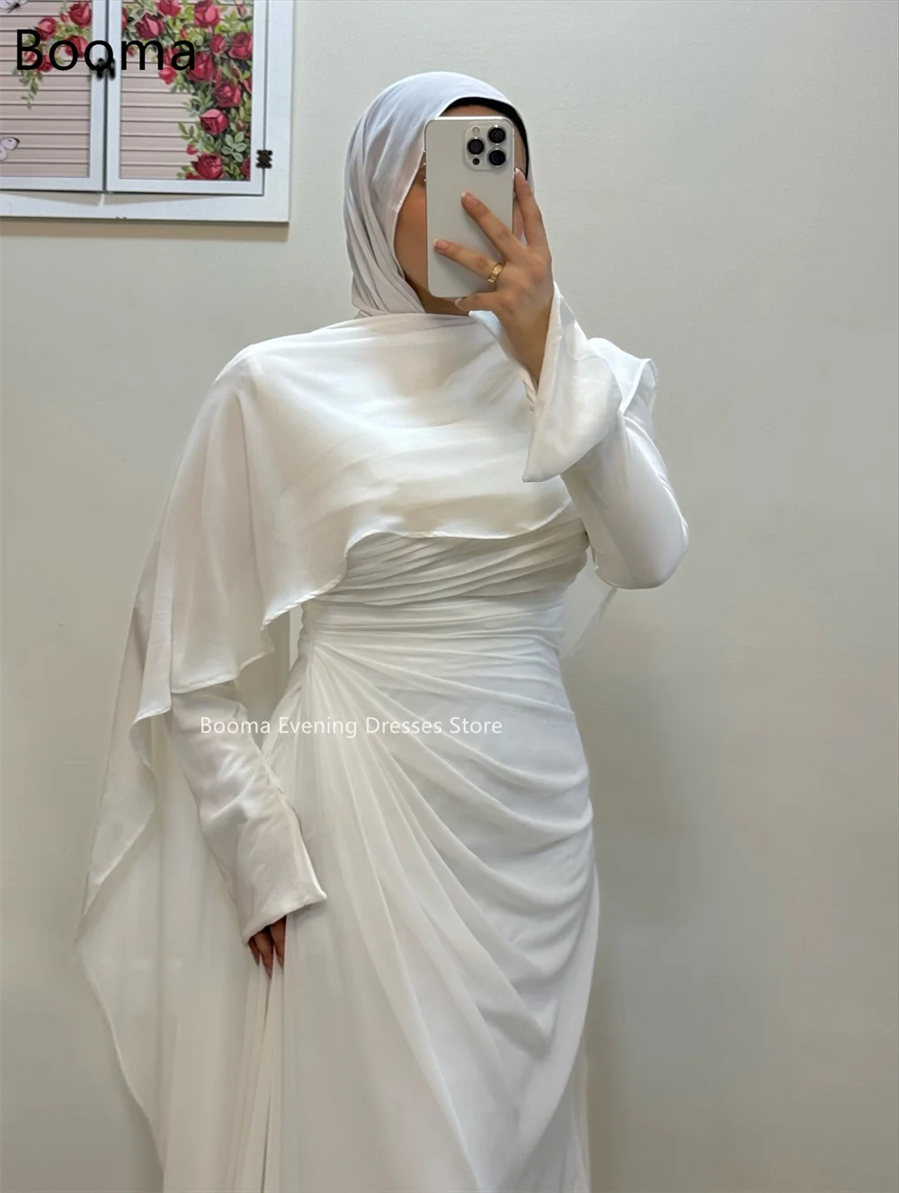 Booma a-line رقبة دائرية مطوي بسيط من الساتان فساتين زفاف أنيقة كم طويل فستان العرائس المملكة العربية السعودية مصنوع حسب الطلب 2025 #3