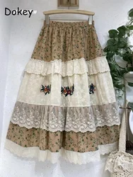 Women's Cotton Linen Floral Long Skirts Sweet Lace Ruffled Skirt Vintage Embroidery Casual Elastic Waist Beach Boho Pleated Skir