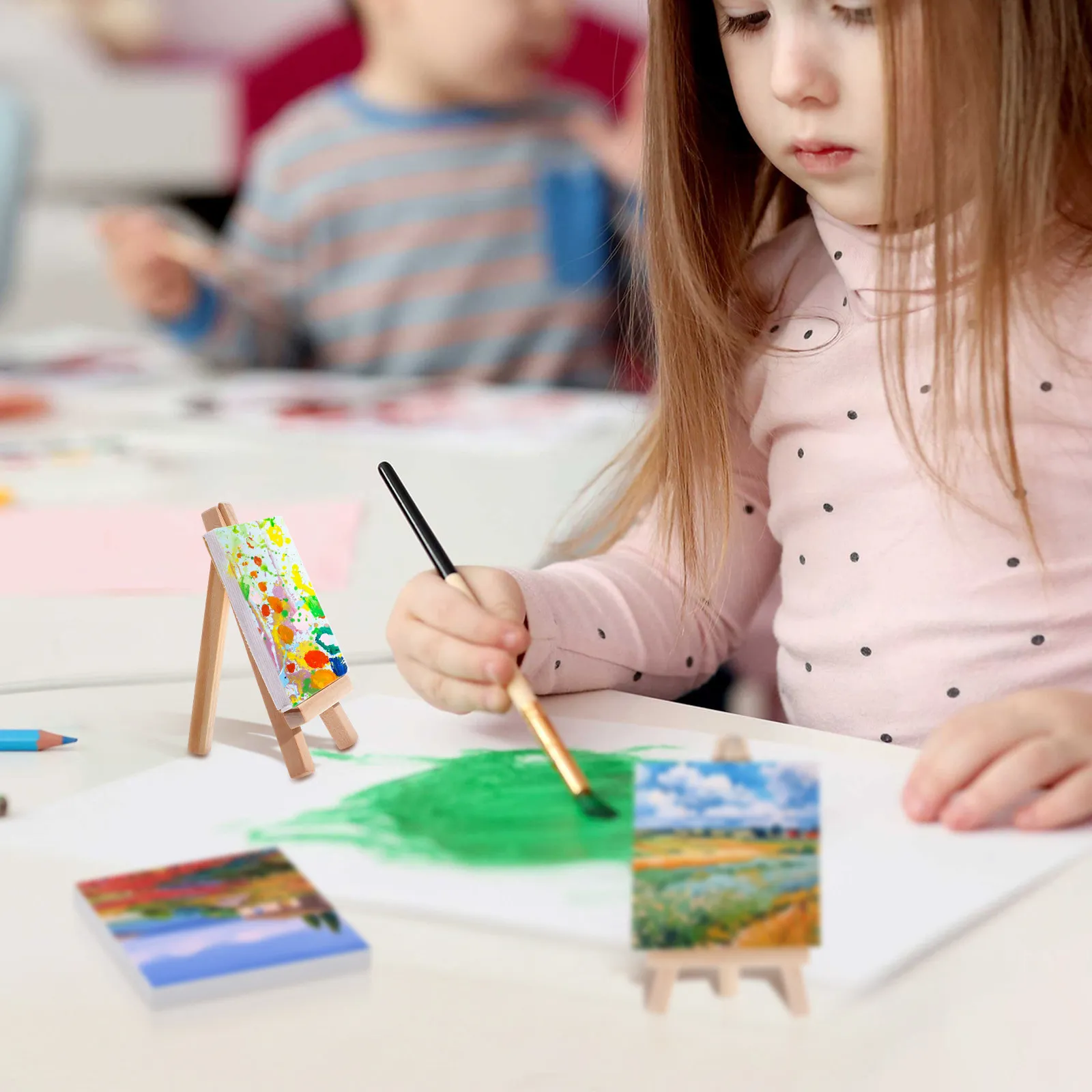 12Sets Mini Painting Easel Set Wooden Canvas Boards Portable Artist Stretched Blank White Paint Boards Perfect for Kids Art