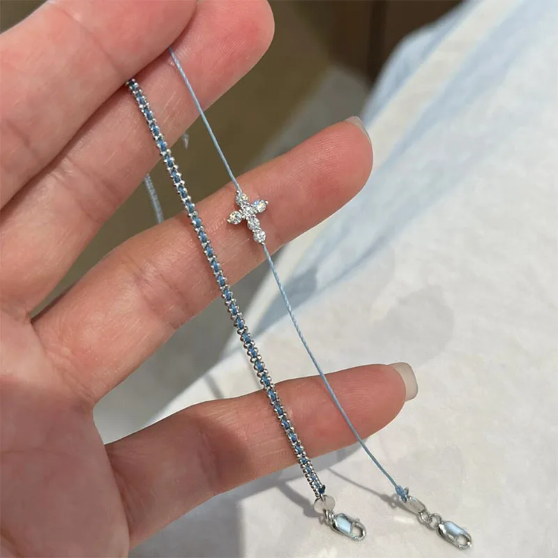 New 925 Silver Black Rope Cross Twine Inlaid Shiny 5A Zircon Vintage Bracelet For Women Girls Elegant Delicate Fine Jewelry Gift