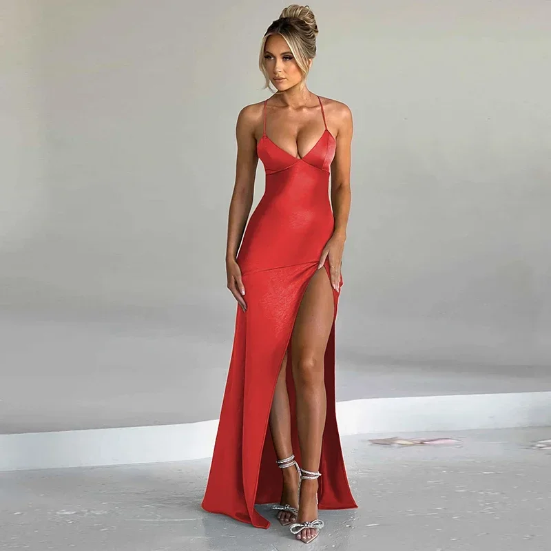 

Spaghetti Strap High Split Satin Maxi Dress Criss Cross Backless Long Dress Elegant Evening Party Dresses For Women