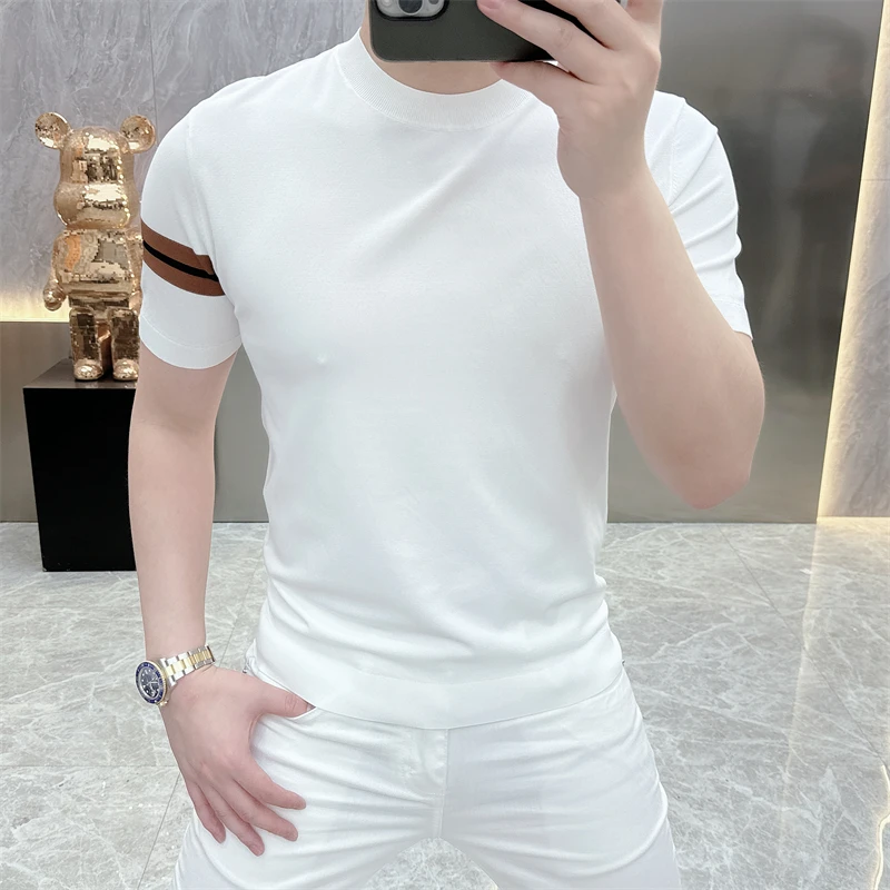 2024 Summer Stripe Handsome Round Neck T-shirts Men Ice Silk Short Sleeve T-shirt Men\'s Knitted Casual Business T-shirt M-4XL