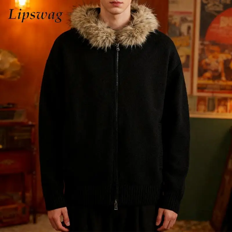

Fall Winter Warm Faux Fur Hooded Jacket Mens Vintage Zip-up Long Sleeve Knit Jackets Outdoor Casual Men's Solid Color Outerwear
