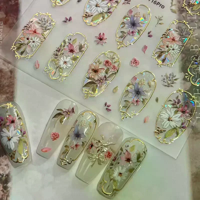 5D Embossed Flower Nail Art Stickers Glitter Laser Petal Self Adhesive Nail Slider Decals Decorations Accessories DIY