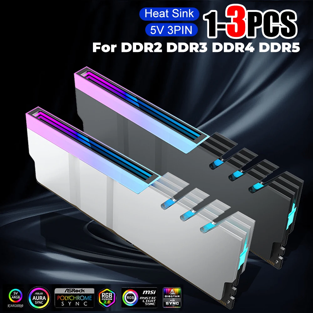 

1-3PCS RAM Heatsink 5V 3PIN ARGB AURA Sync Computer Memory Cooling Vest Heat Sink Cooler for DDR2 DDR3 DDR4 DDR5 PC Ram Memory