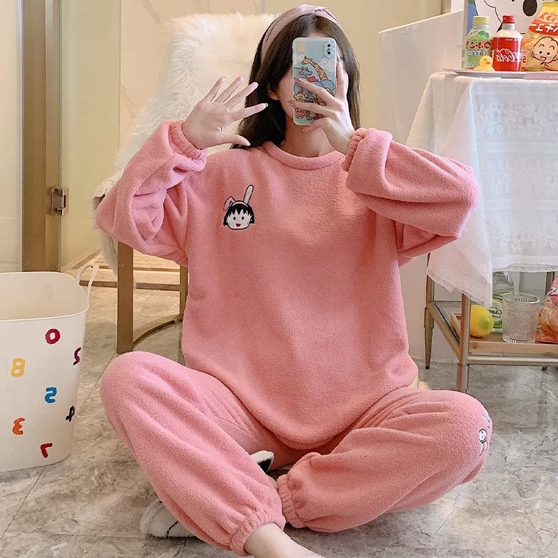 

Winter new women's pajamas flannel M-XXL pajamas women's round neck pullover cartoon coral fleece thickened 2-piece home clothes