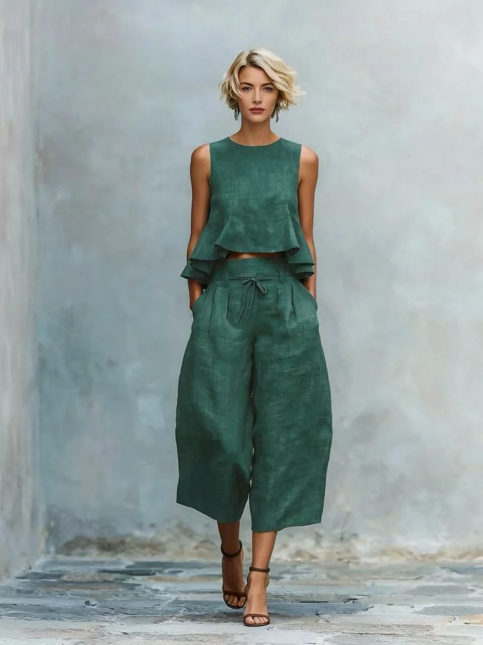 Damen Casual Urlaubs-Zweiteiler: Ärmelloses Rüschen-Crop-Top und Weite Hose mit Kordelzug, Koordiniertes Set – Detail 6