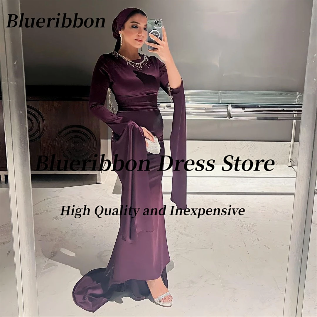 

Blueribbon Arabia Women Wear Mermaid Evening Party Dresses Crew Neck Long Sleeves Wedding Receptions Trumpet Prom Dress