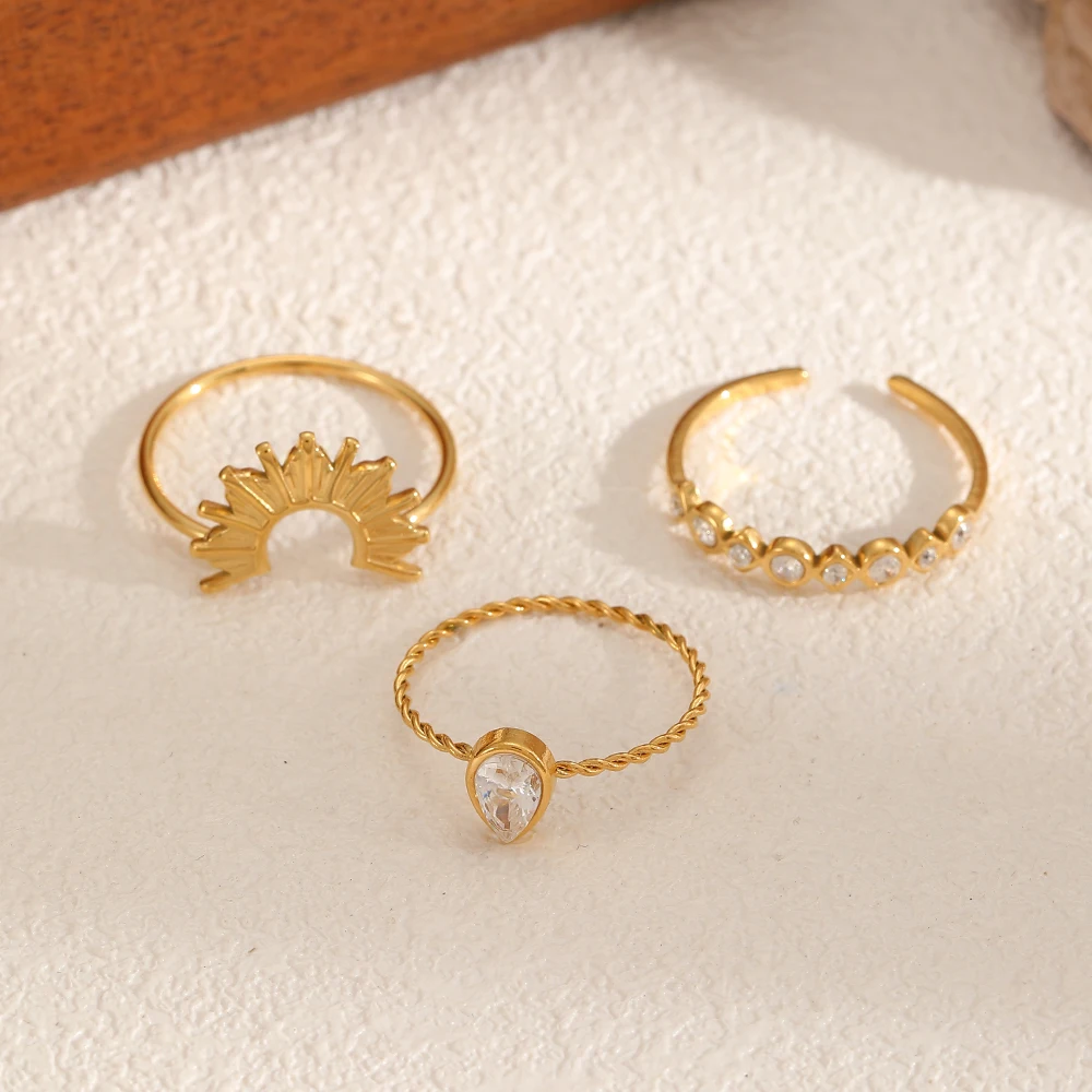 3-teiliges Set Elegante 18K Vergoldete Edelstahl Stapelbare Ringe Damen Weißer Zirkon Luxus Schmuck Accessoires – Detail 2