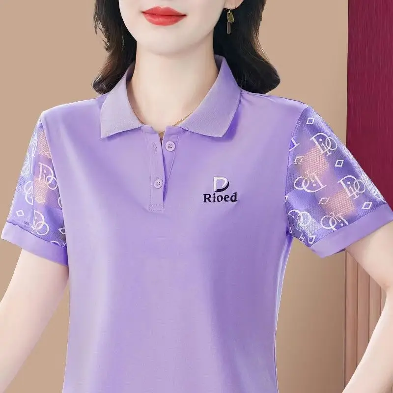 Camiseta de manga corta con solapa para mujer, Polo con mangas de malla, ropa morada para mujer 2024