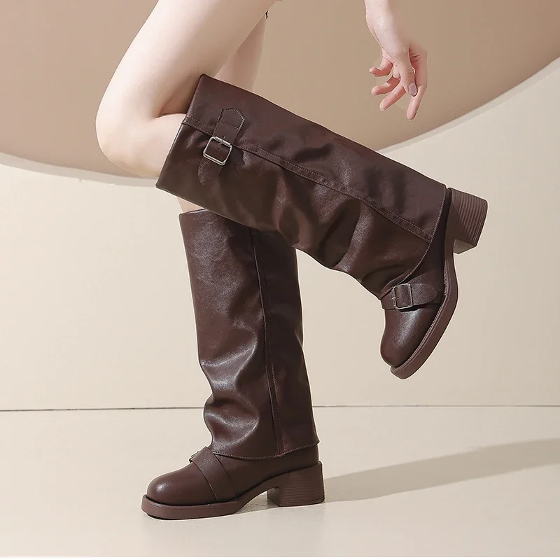 Vintage Starke Ferse Frauen Kniehohe Stiefel Mode Damen Gürtel Schnalle Ritter Lange Booties Botas De Inverno Feminina – Detail 10