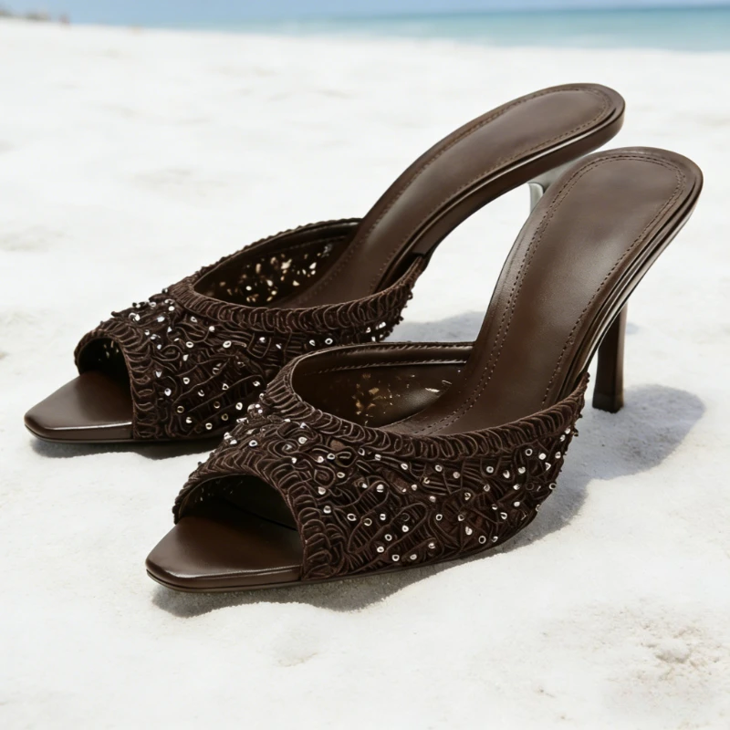 

Fashion Brown Mesh String Bead Slippers Women Elegant Peep-Toe Stiletto Sandals Sexy Summer Party Dress Shoes Zapatos De Mujer