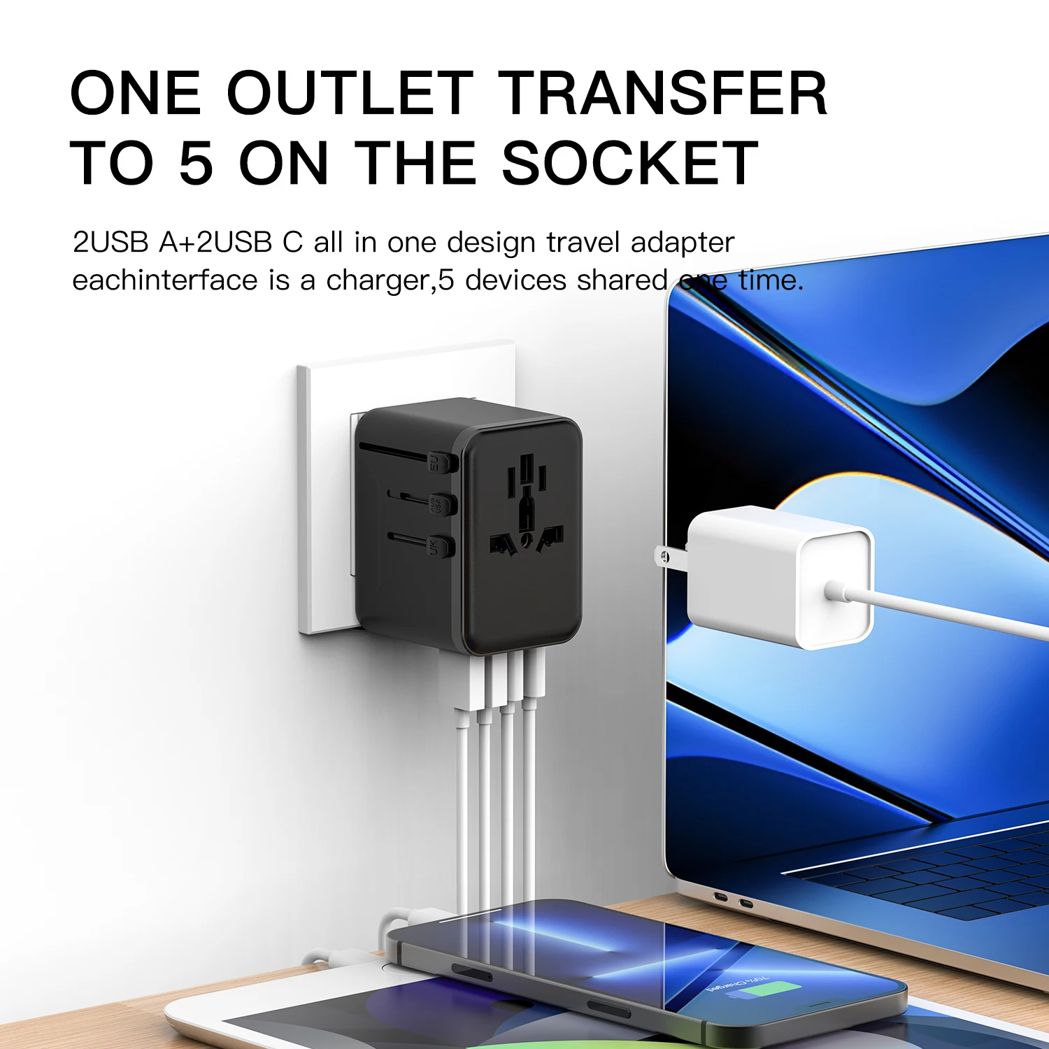FE&EC Universal Travel Adapter with 2USB Ports 3 Type-C PD Charging All-in-one Travel Adapter EU/UK/USA/AUS Plug for Travel
