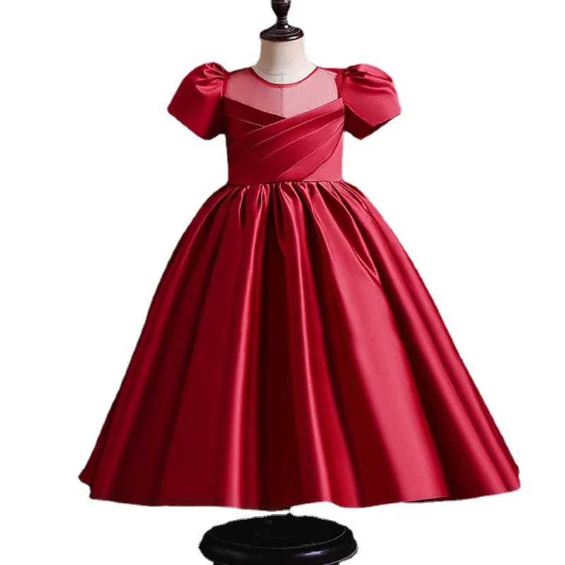 Robe de Rhen satin pour enfants, robes de demoiselle d'honneur avec grand nœud, bouffante, couleur unie, petite princesse, tout-petit, premier anniversaire